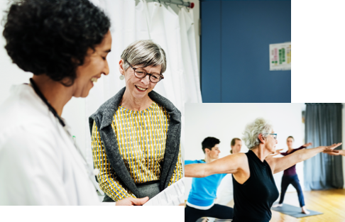 doctor and pregnant patient looking at chart, older woman in group yoga.